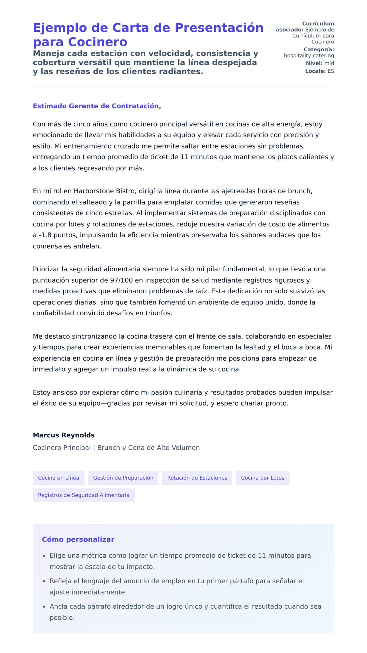 Vista previa de la carta para Ejemplo de Carta de Presentación para Cocinero