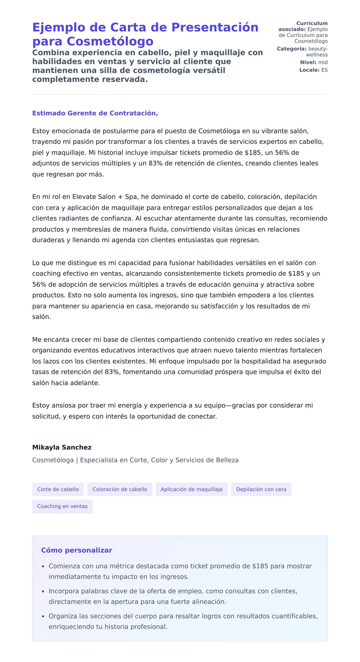 Vista previa de la carta para Ejemplo de Carta de Presentación para Cosmetólogo