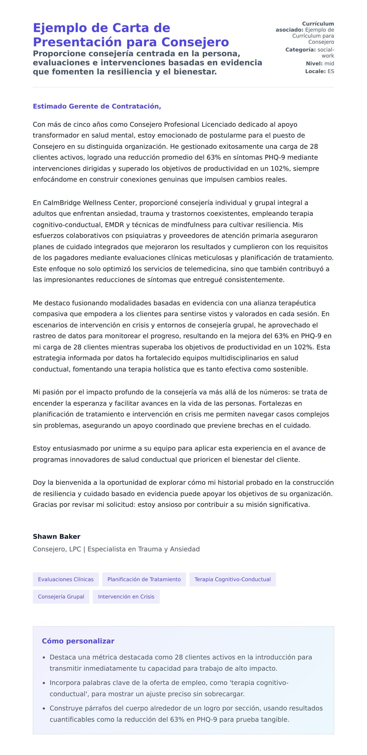 Vista previa de la carta para Ejemplo de Carta de Presentación para Consejero