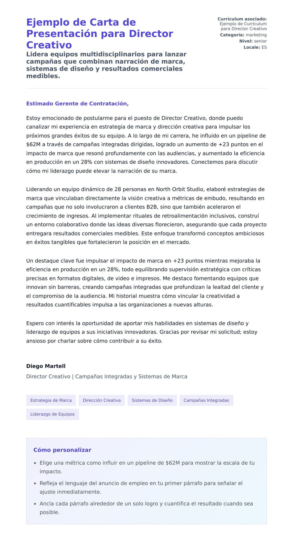 Vista previa de la carta para Ejemplo de Carta de Presentación para Director Creativo