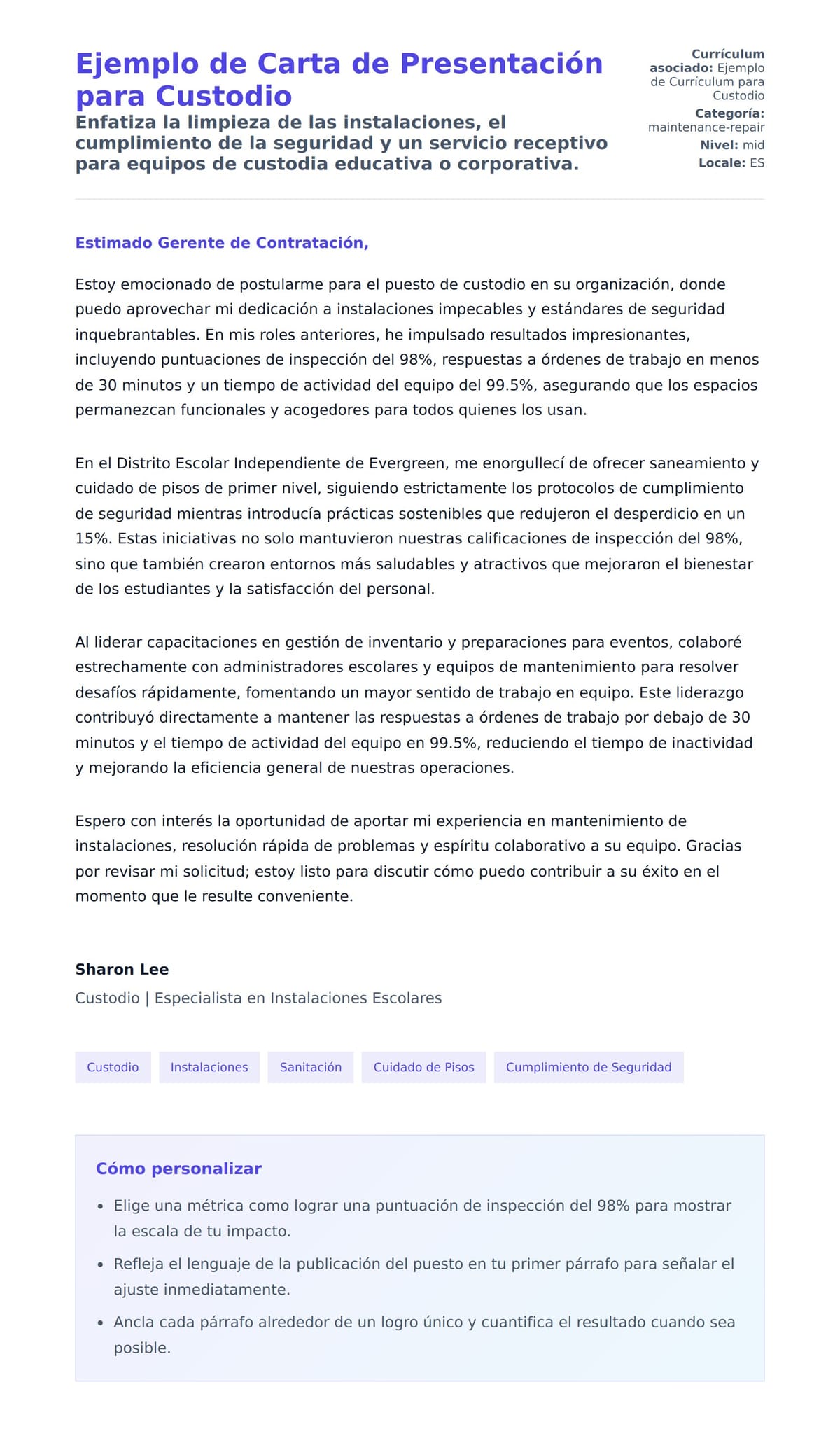 Vista previa de la carta para Ejemplo de Carta de Presentación para Custodio