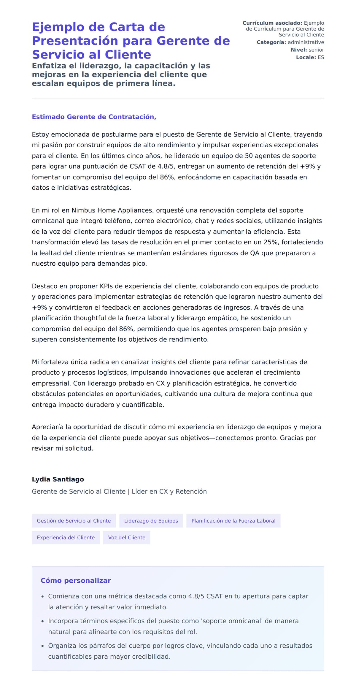 Vista previa de la carta para Ejemplo de Carta de Presentación para Gerente de Servicio al Cliente