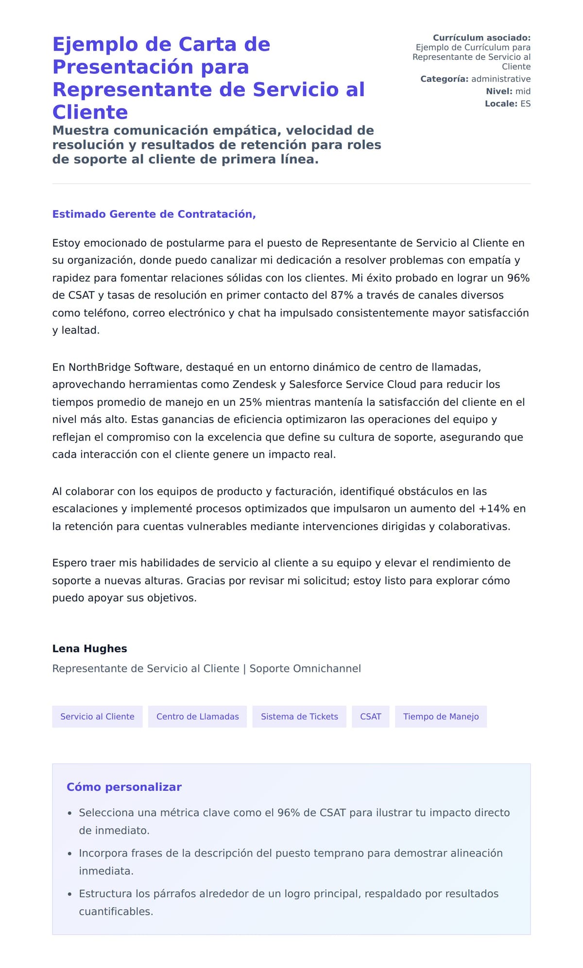 Vista previa de la carta para Ejemplo de Carta de Presentación para Representante de Servicio al Cliente