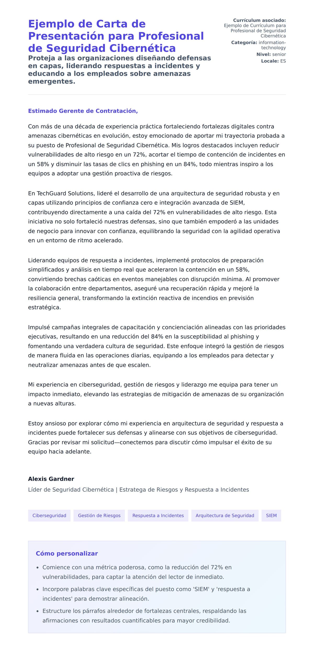Vista previa de la carta para Ejemplo de Carta de Presentación para Profesional de Seguridad Cibernética