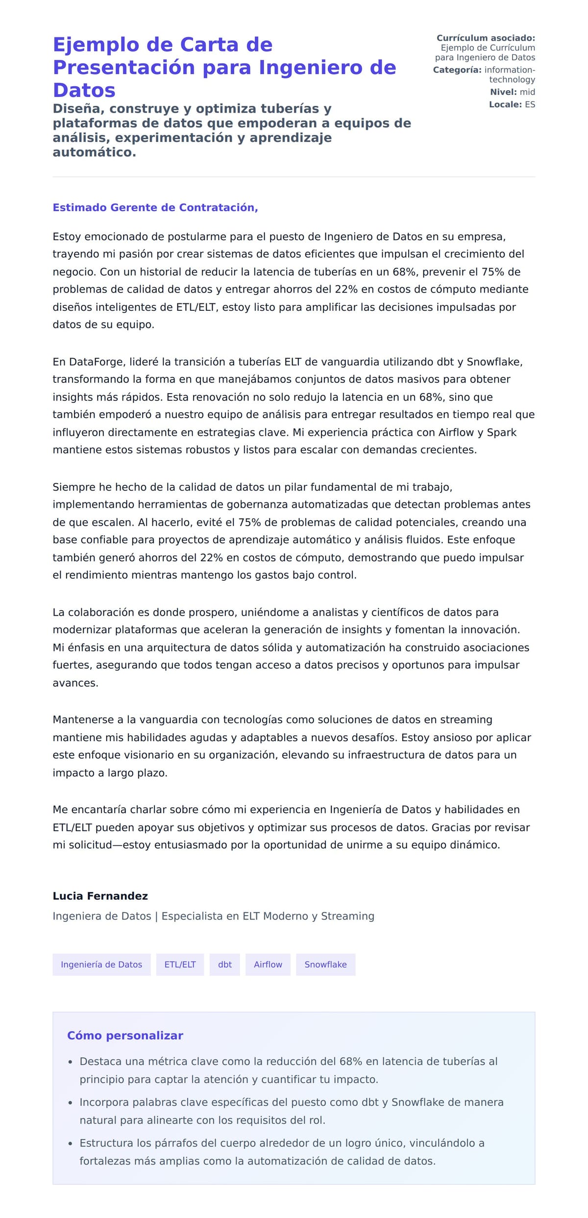 Vista previa de la carta para Ejemplo de Carta de Presentación para Ingeniero de Datos