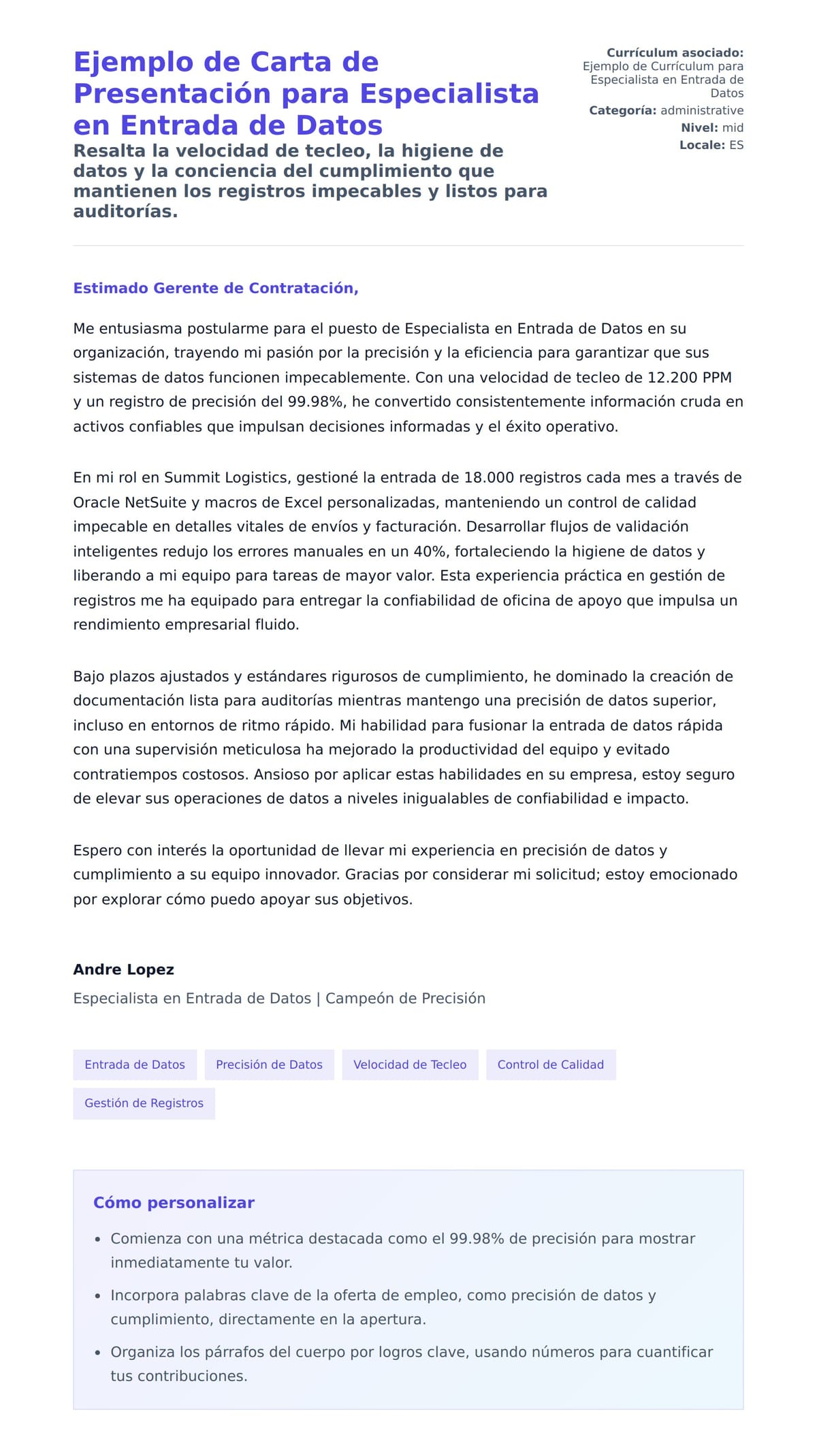 Vista previa de la carta para Ejemplo de Carta de Presentación para Especialista en Entrada de Datos