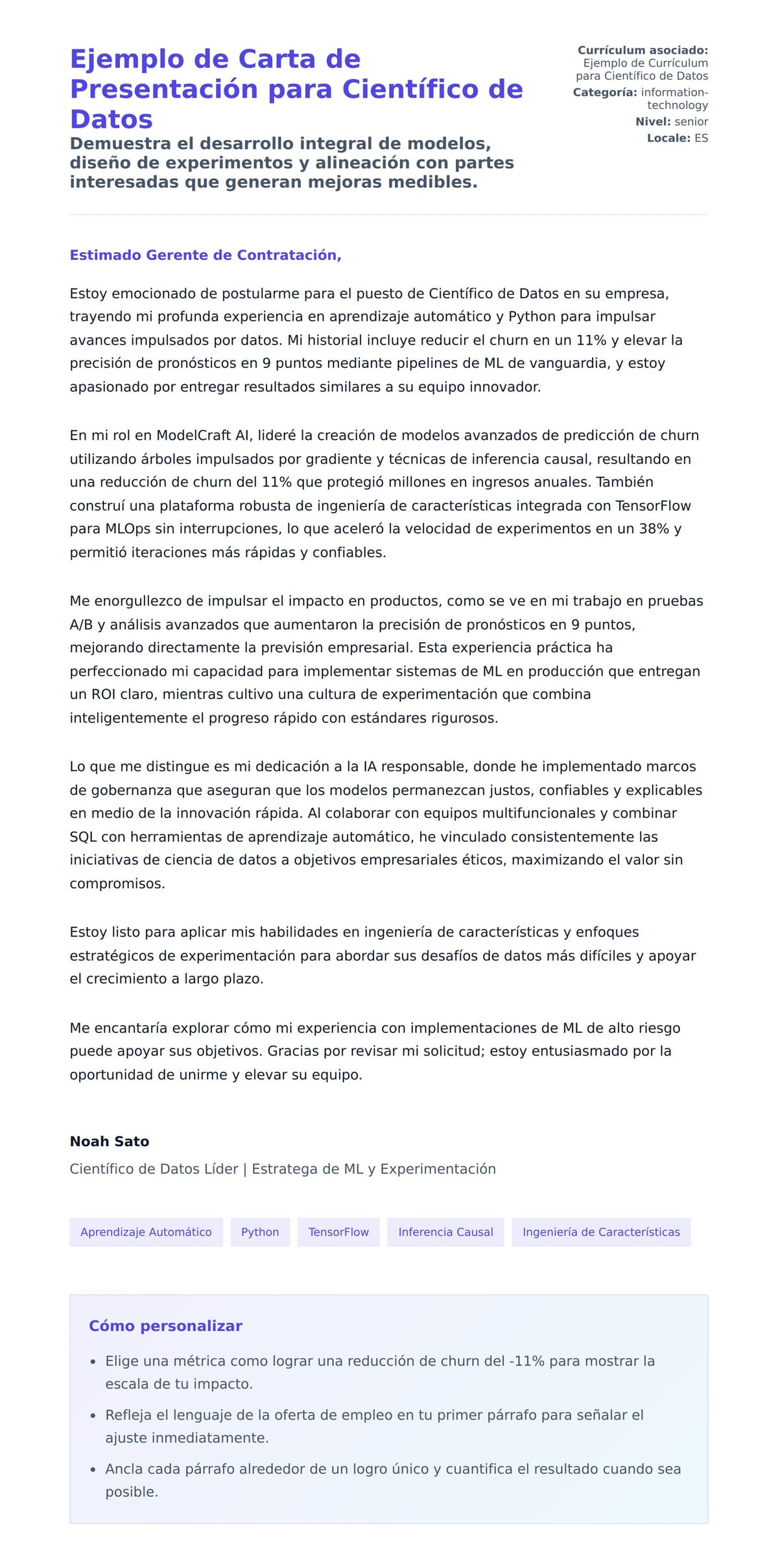 Vista previa de la carta para Ejemplo de Carta de Presentación para Científico de Datos