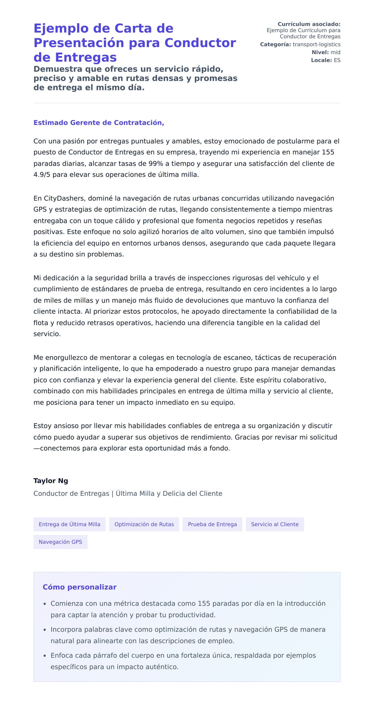 Vista previa de la carta para Ejemplo de Carta de Presentación para Conductor de Entregas