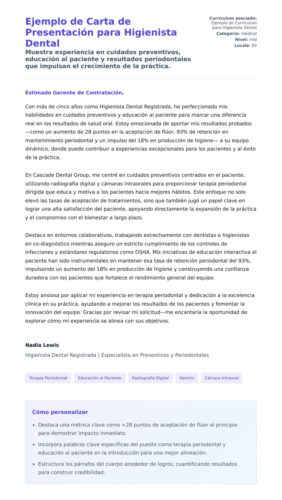 Vista previa de la carta para Ejemplo de Carta de Presentación para Higienista Dental