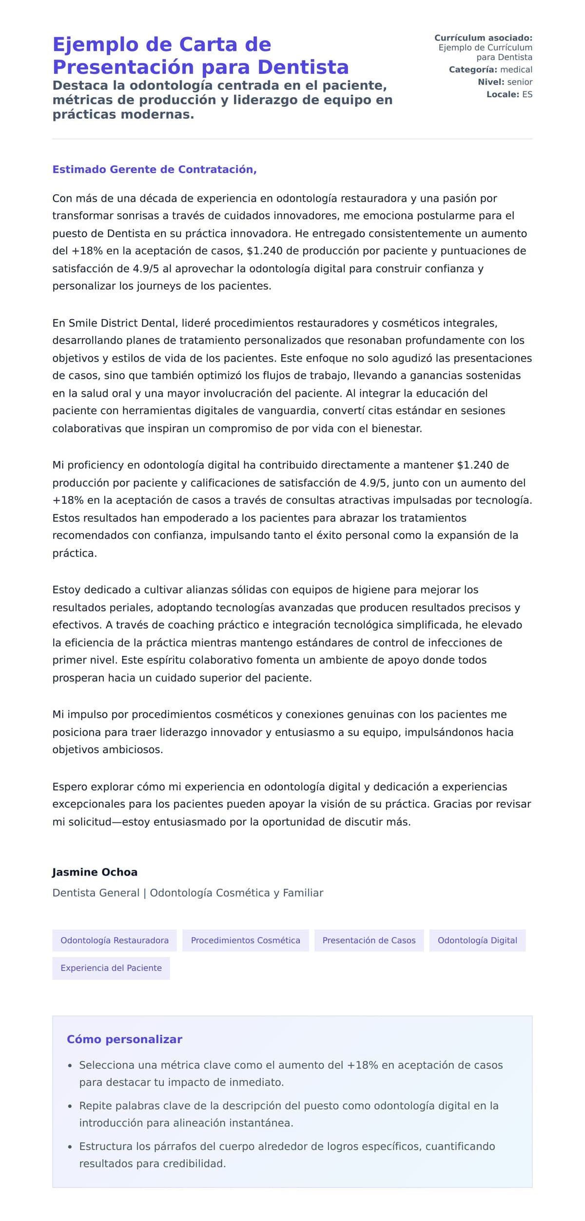 Vista previa de la carta para Ejemplo de Carta de Presentación para Dentista