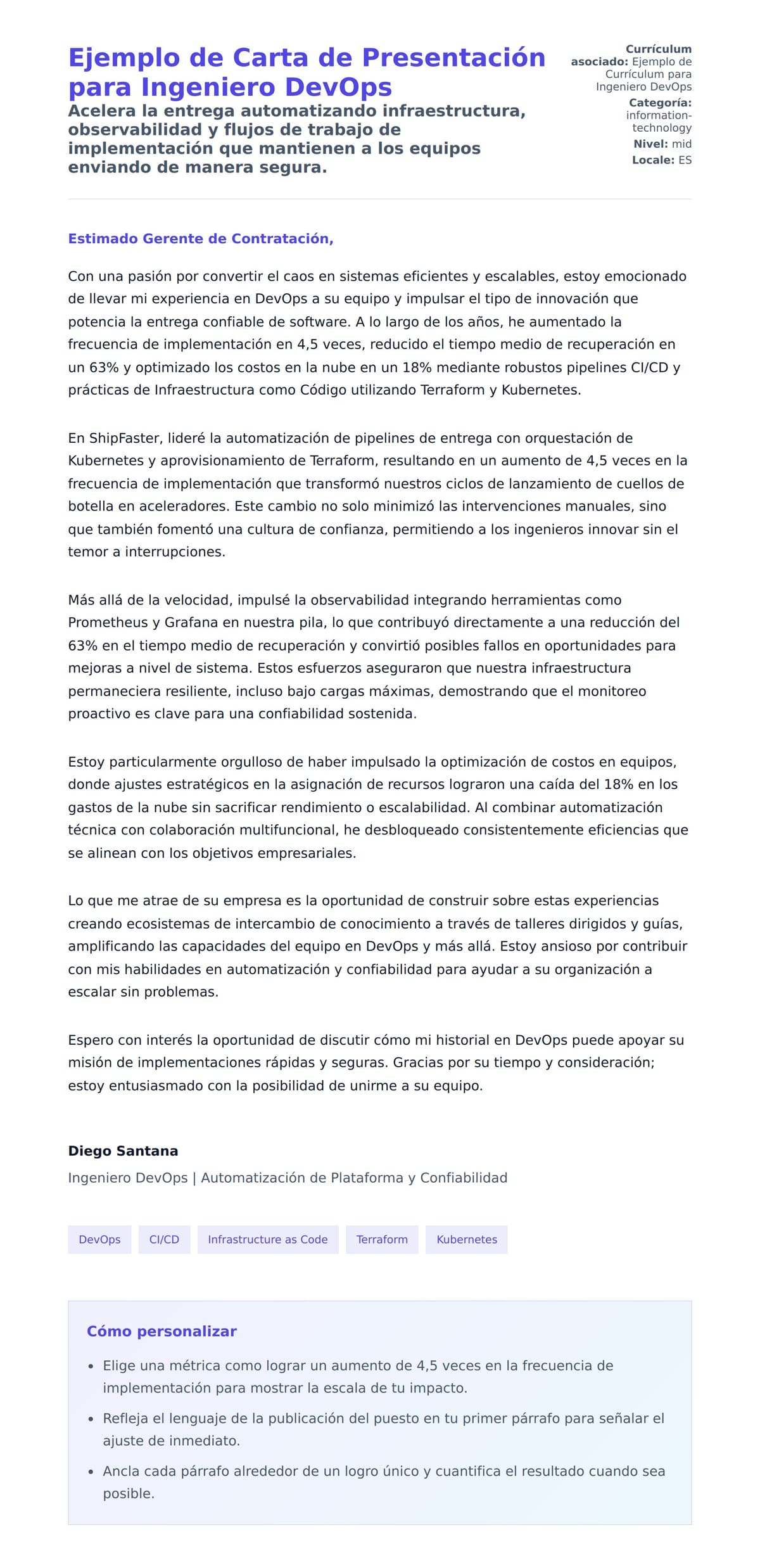 Vista previa de la carta para Ejemplo de Carta de Presentación para Ingeniero DevOps