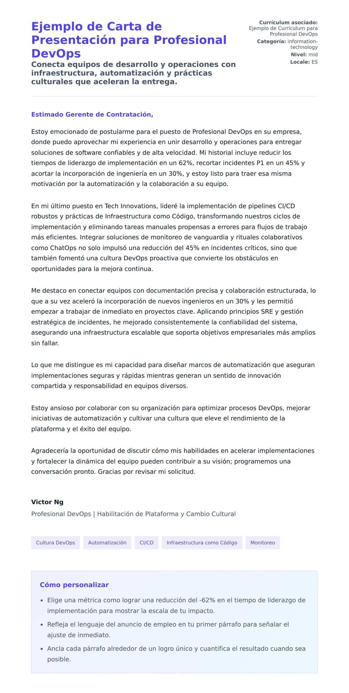 Vista previa de la carta para Ejemplo de Carta de Presentación para Profesional DevOps