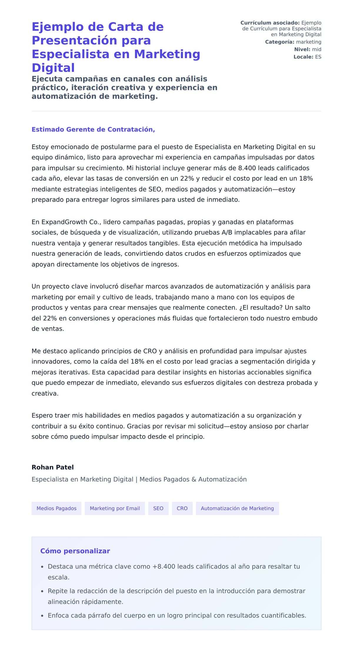 Vista previa de la carta para Ejemplo de Carta de Presentación para Especialista en Marketing Digital