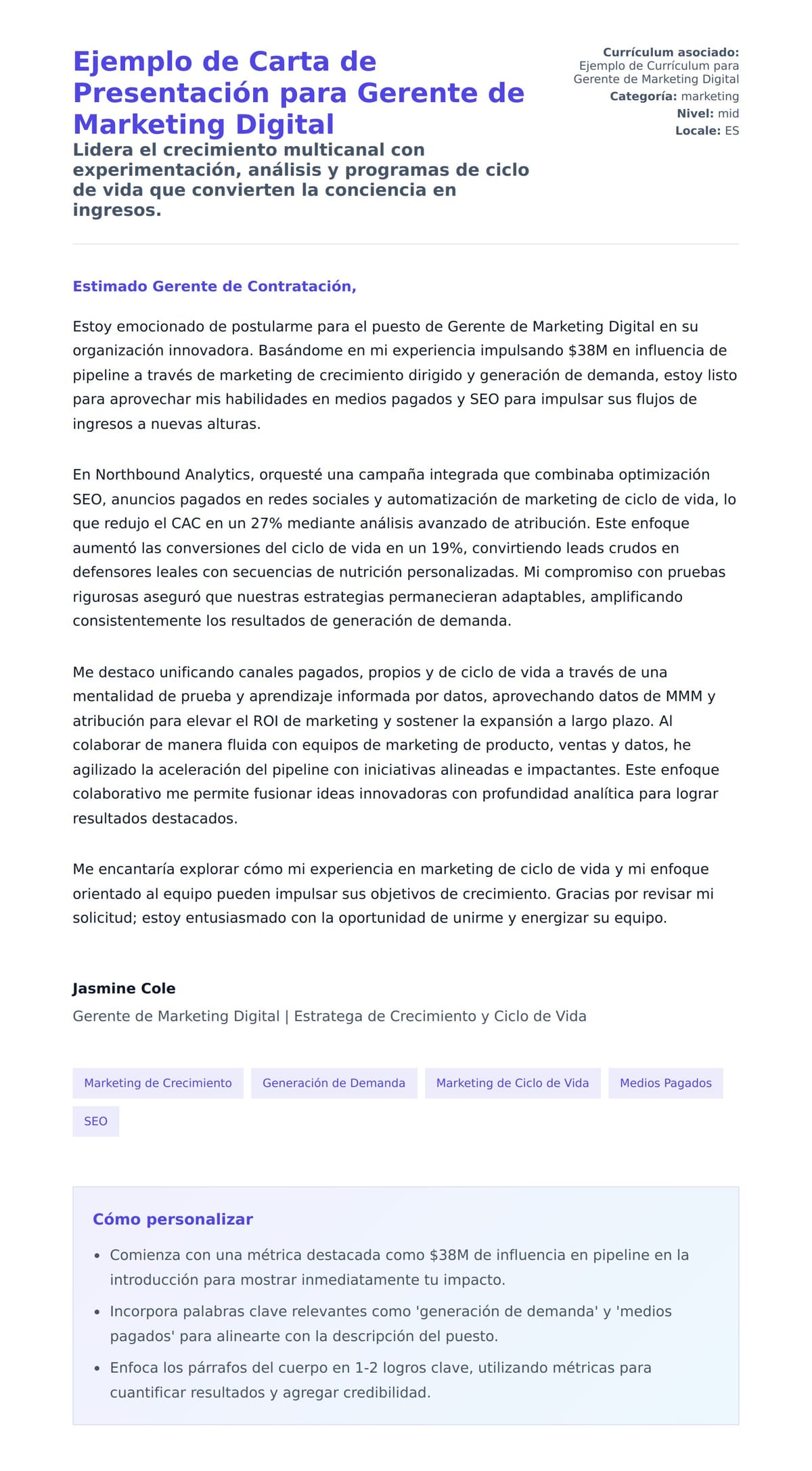 Vista previa de la carta para Ejemplo de Carta de Presentación para Gerente de Marketing Digital