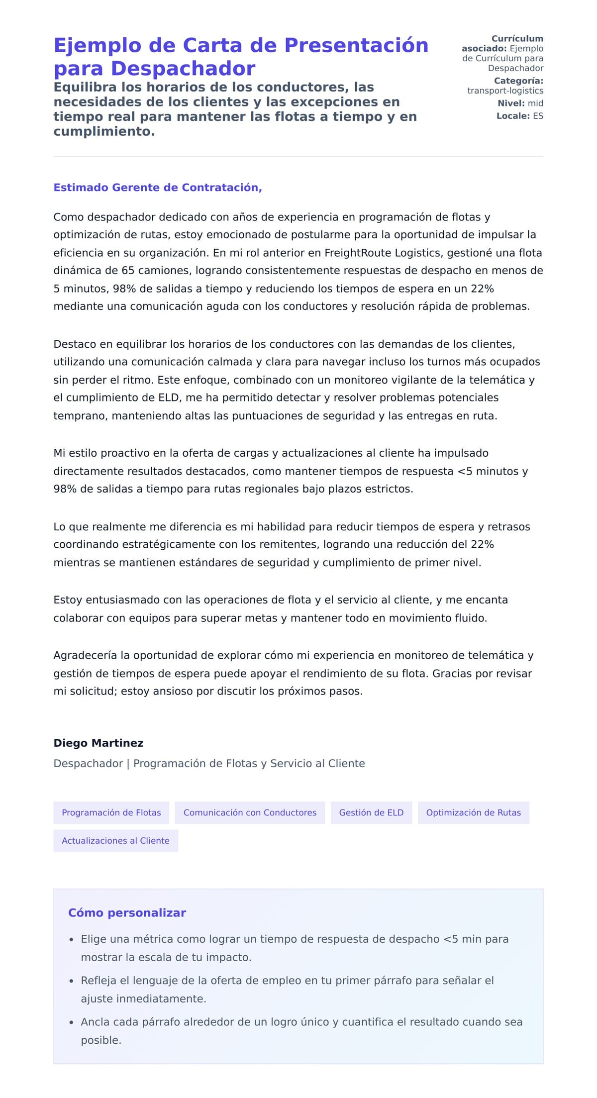 Vista previa de la carta para Ejemplo de Carta de Presentación para Despachador