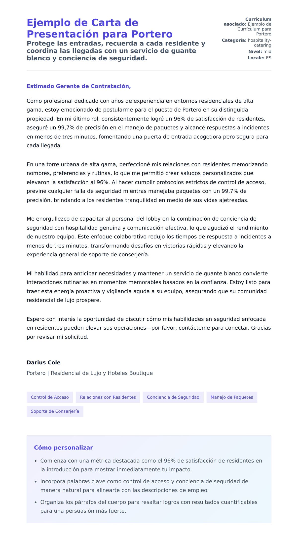 Vista previa de la carta para Ejemplo de Carta de Presentación para Portero