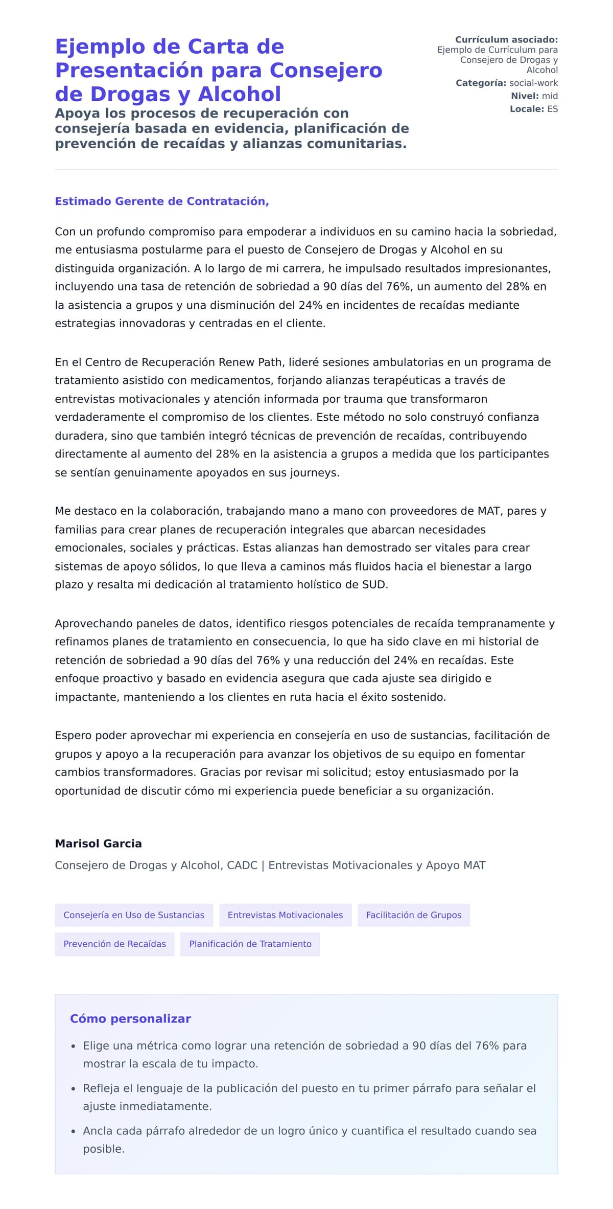 Vista previa de la carta para Ejemplo de Carta de Presentación para Consejero de Drogas y Alcohol