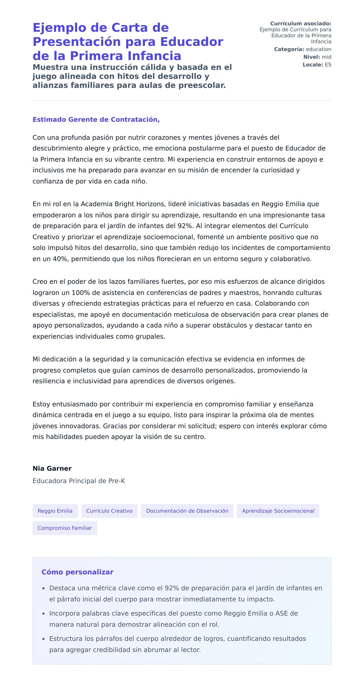 Vista previa de la carta para Ejemplo de Carta de Presentación para Educador de la Primera Infancia