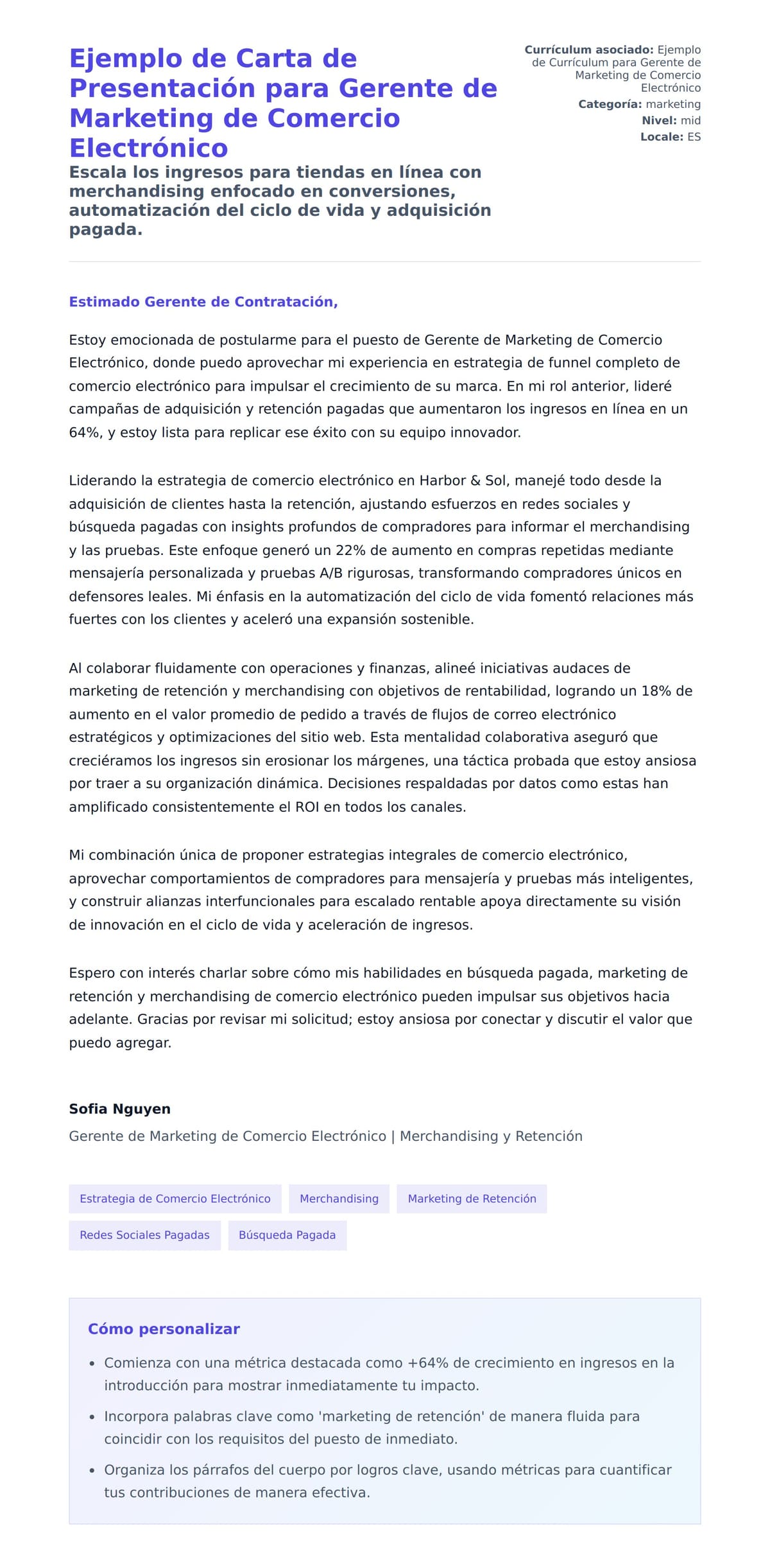 Vista previa de la carta para Ejemplo de Carta de Presentación para Gerente de Marketing de Comercio Electrónico