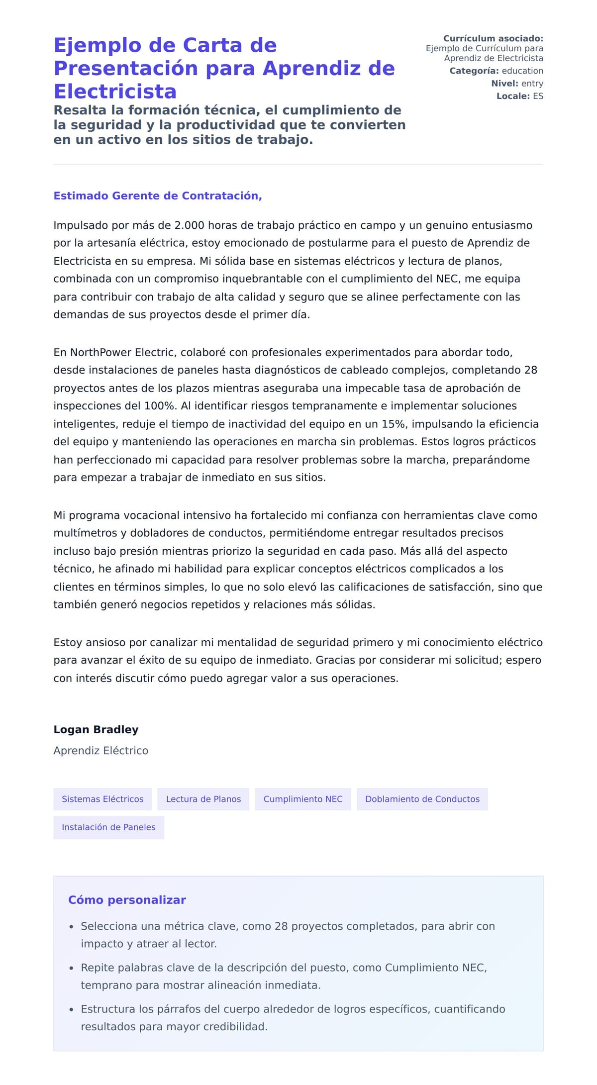 Vista previa de la carta para Ejemplo de Carta de Presentación para Aprendiz de Electricista