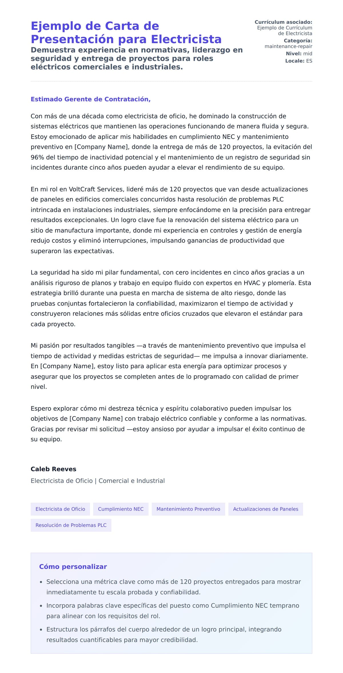 Vista previa de la carta para Ejemplo de Carta de Presentación para Electricista