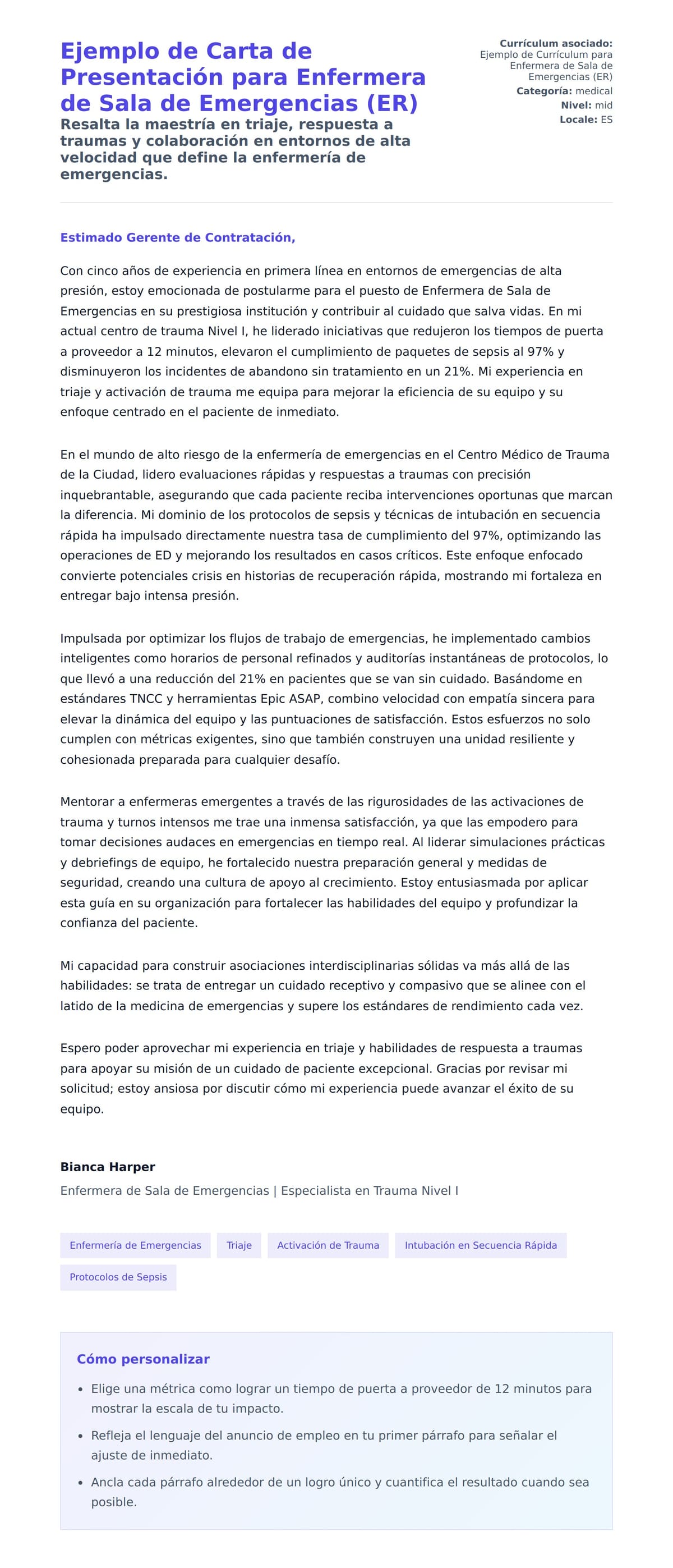 Vista previa de la carta para Ejemplo de Carta de Presentación para Enfermera de Sala de Emergencias (ER)