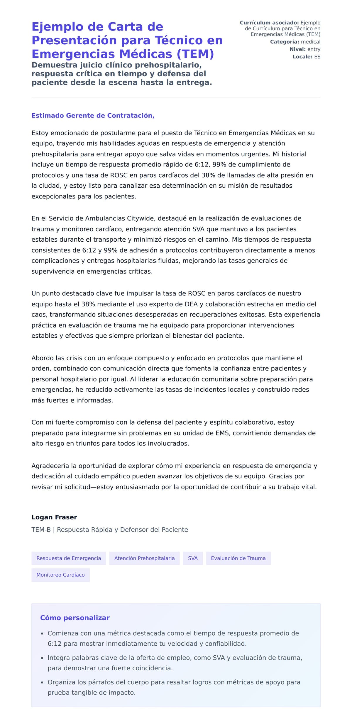 Vista previa de la carta para Ejemplo de Carta de Presentación para Técnico en Emergencias Médicas (TEM)