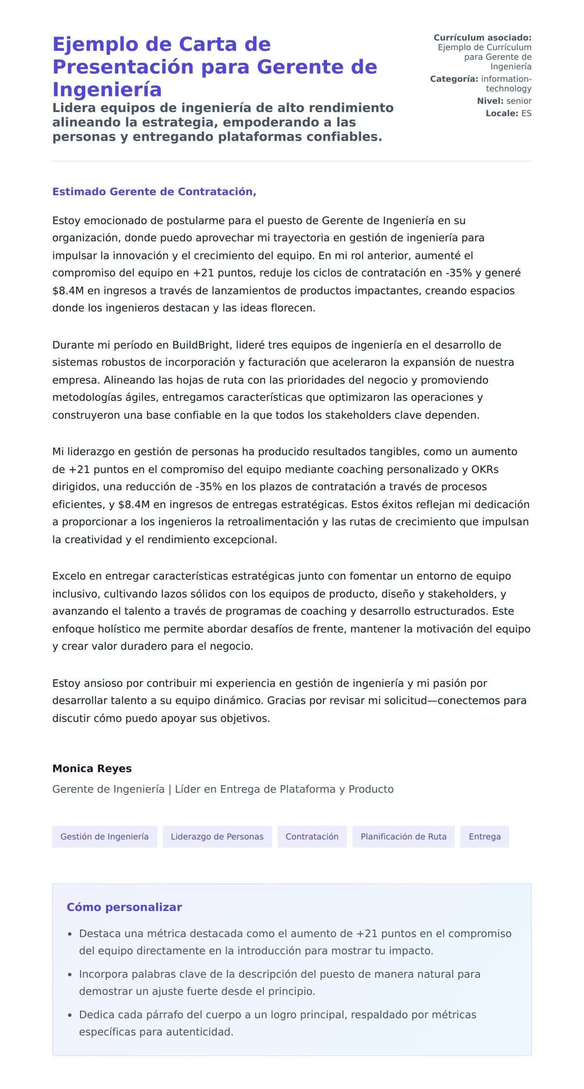 Vista previa de la carta para Ejemplo de Carta de Presentación para Gerente de Ingeniería