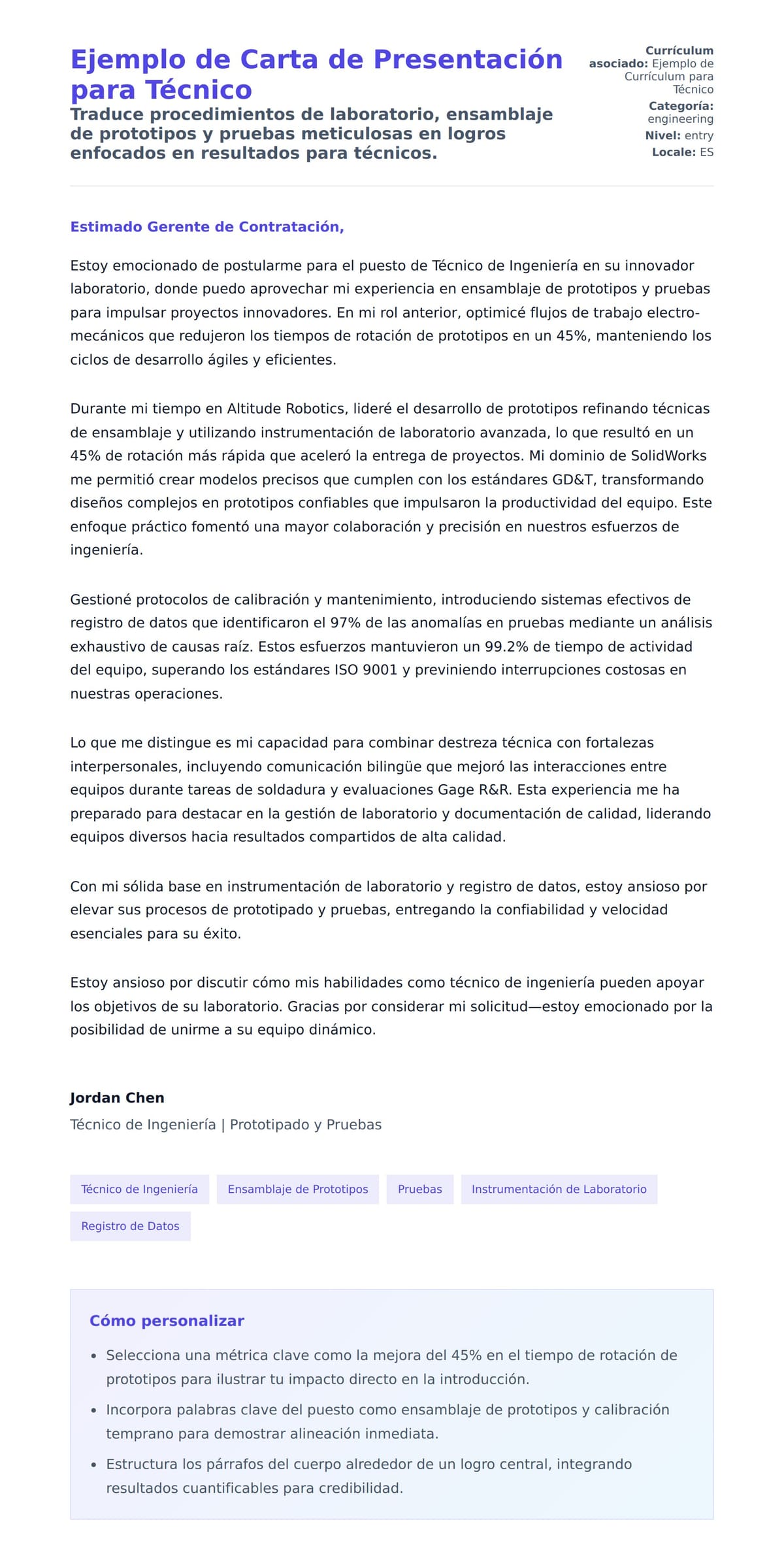 Vista previa de la carta para Ejemplo de Carta de Presentación para Técnico