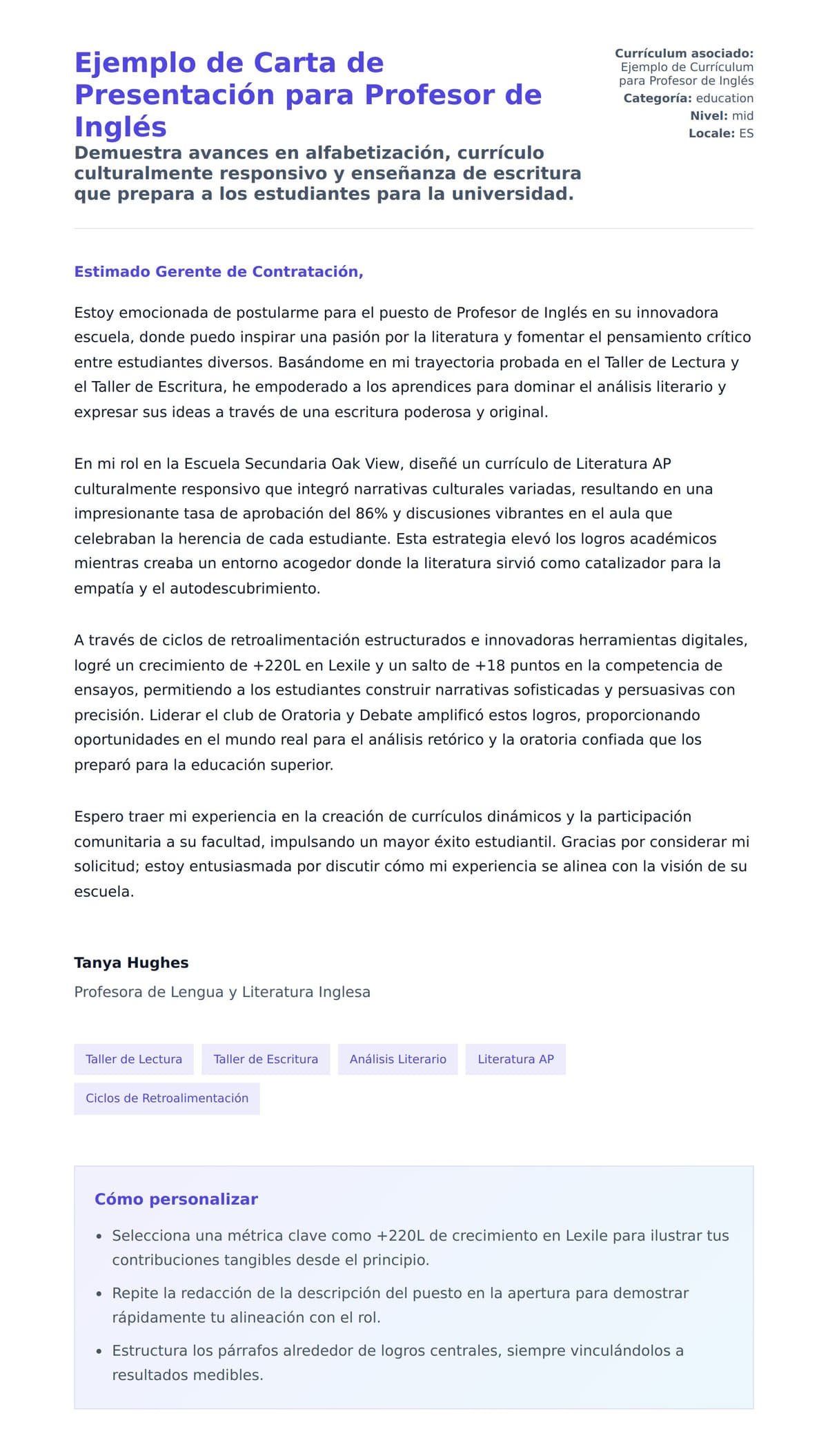 Vista previa de la carta para Ejemplo de Carta de Presentación para Profesor de Inglés