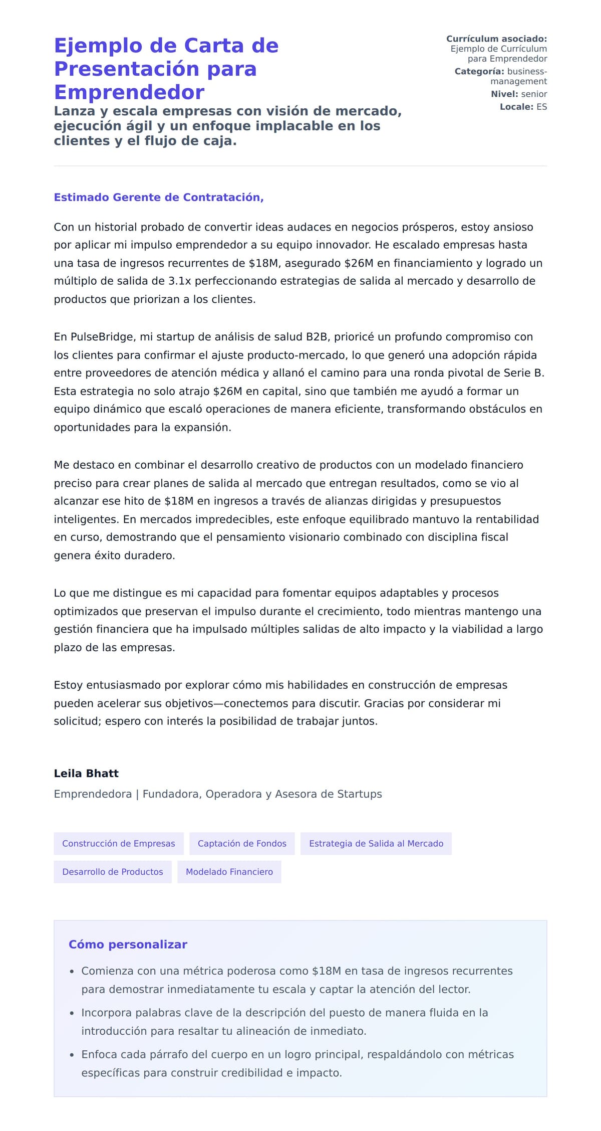 Vista previa de la carta para Ejemplo de Carta de Presentación para Emprendedor