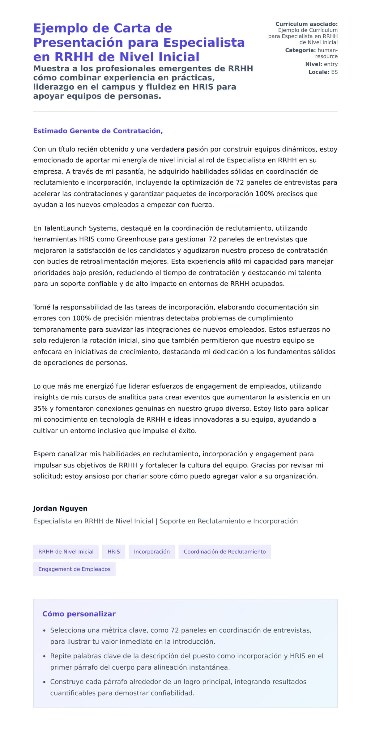 Vista previa de la carta para Ejemplo de Carta de Presentación para Especialista en RRHH de Nivel Inicial
