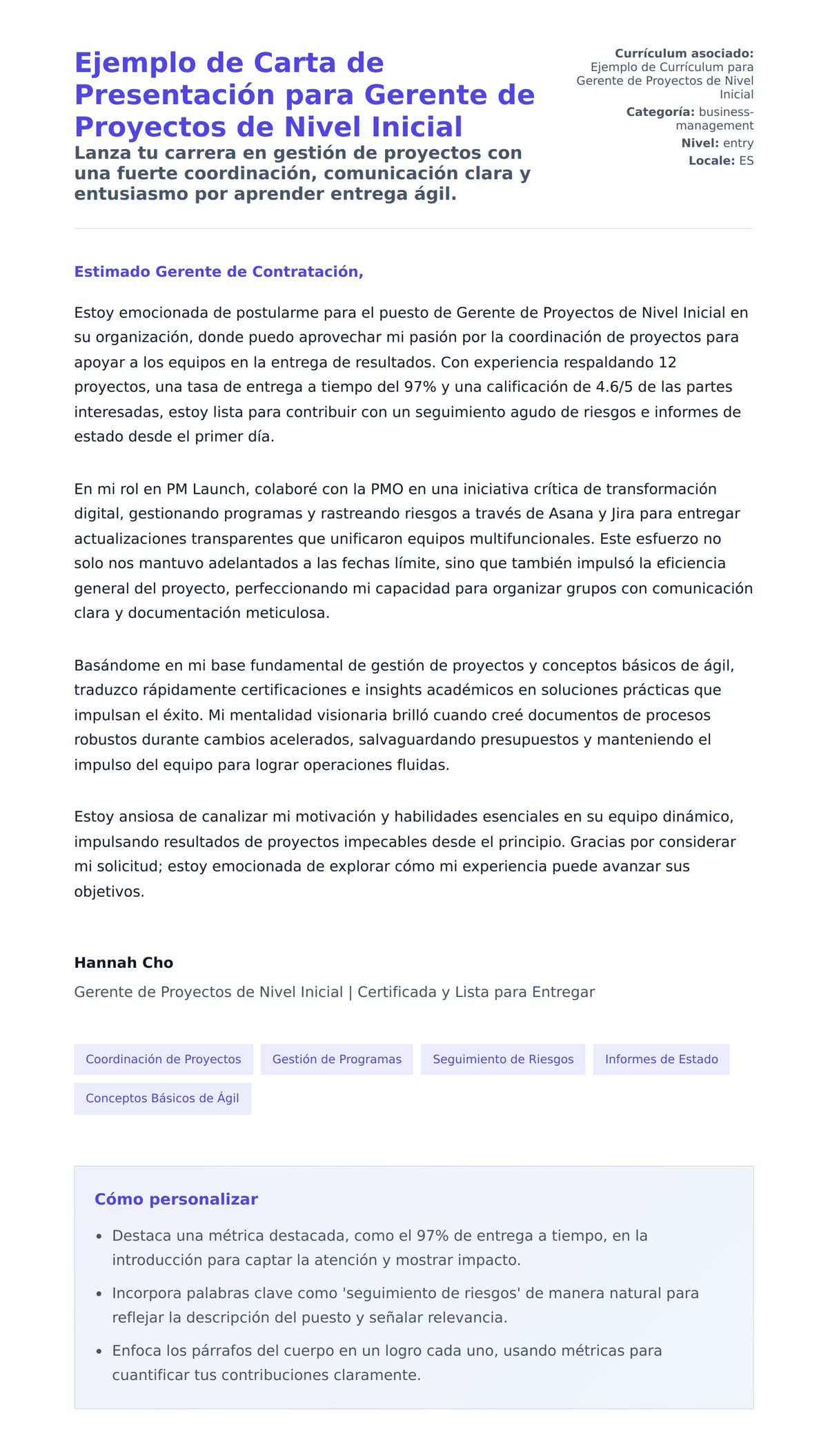 Vista previa de la carta para Ejemplo de Carta de Presentación para Gerente de Proyectos de Nivel Inicial