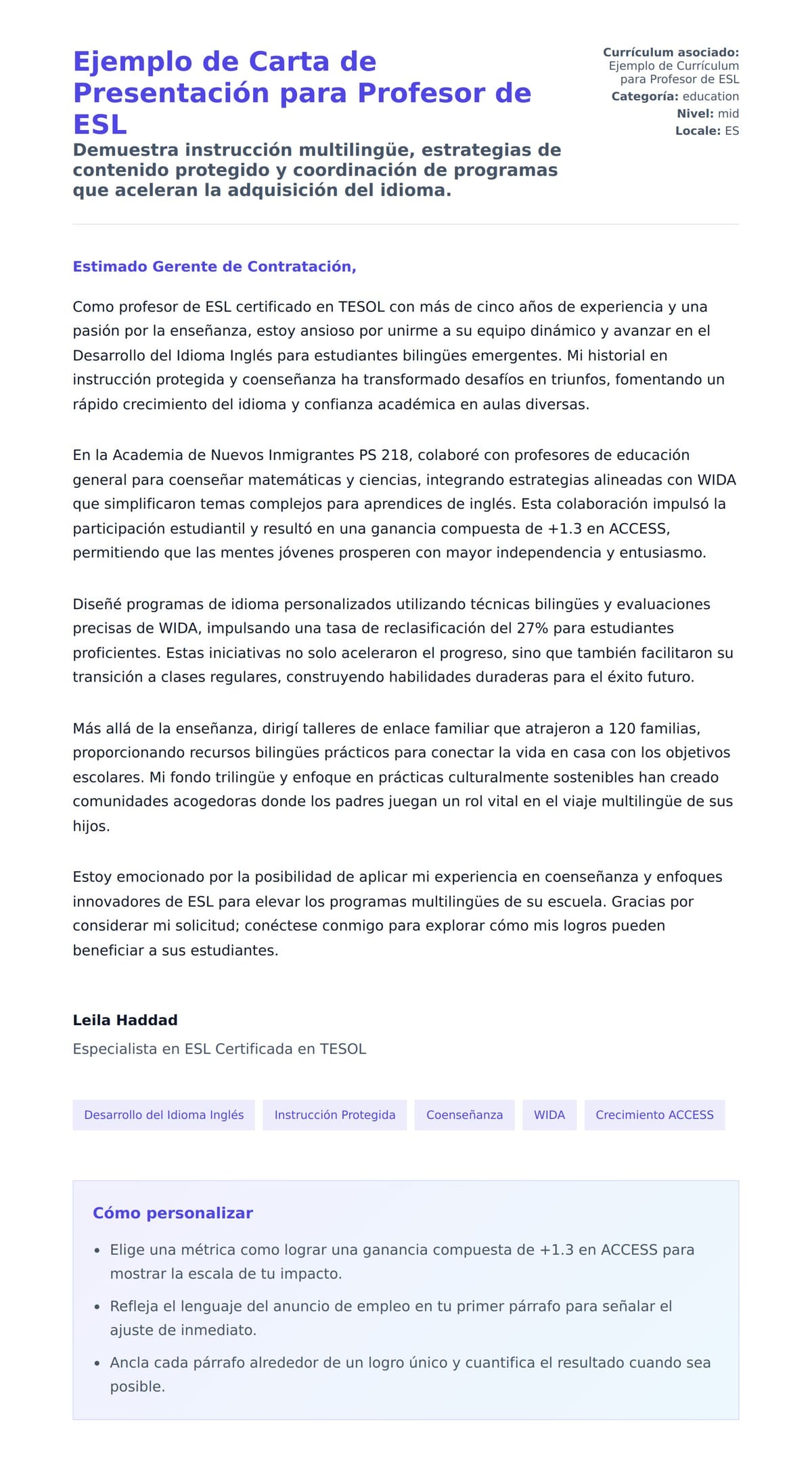 Vista previa de la carta para Ejemplo de Carta de Presentación para Profesor de ESL