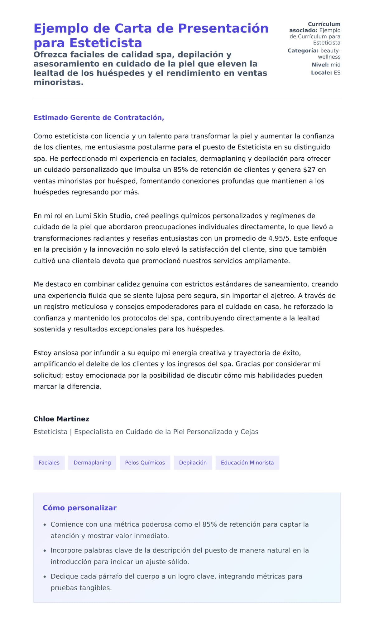 Vista previa de la carta para Ejemplo de Carta de Presentación para Esteticista