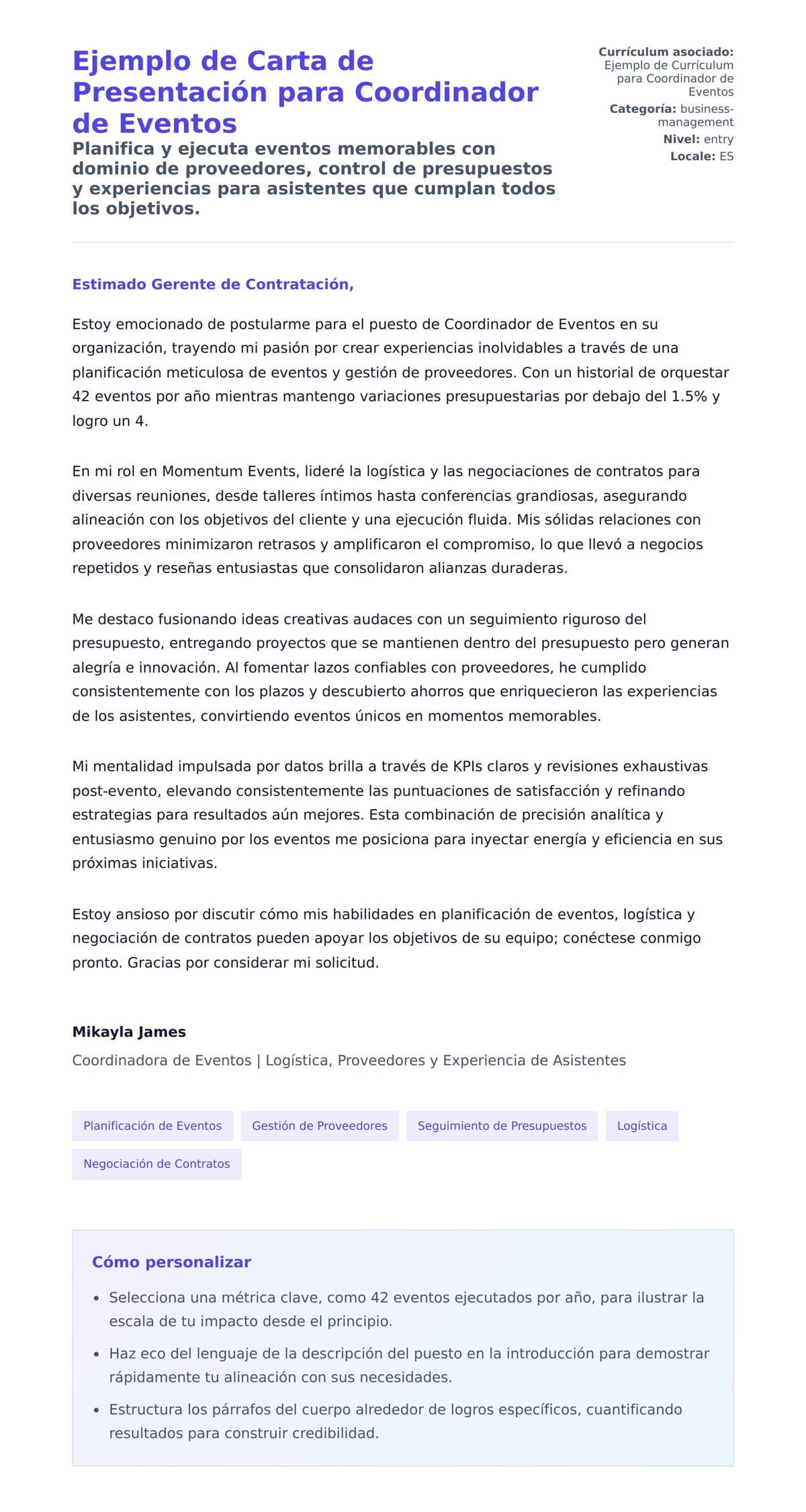 Vista previa de la carta para Ejemplo de Carta de Presentación para Coordinador de Eventos