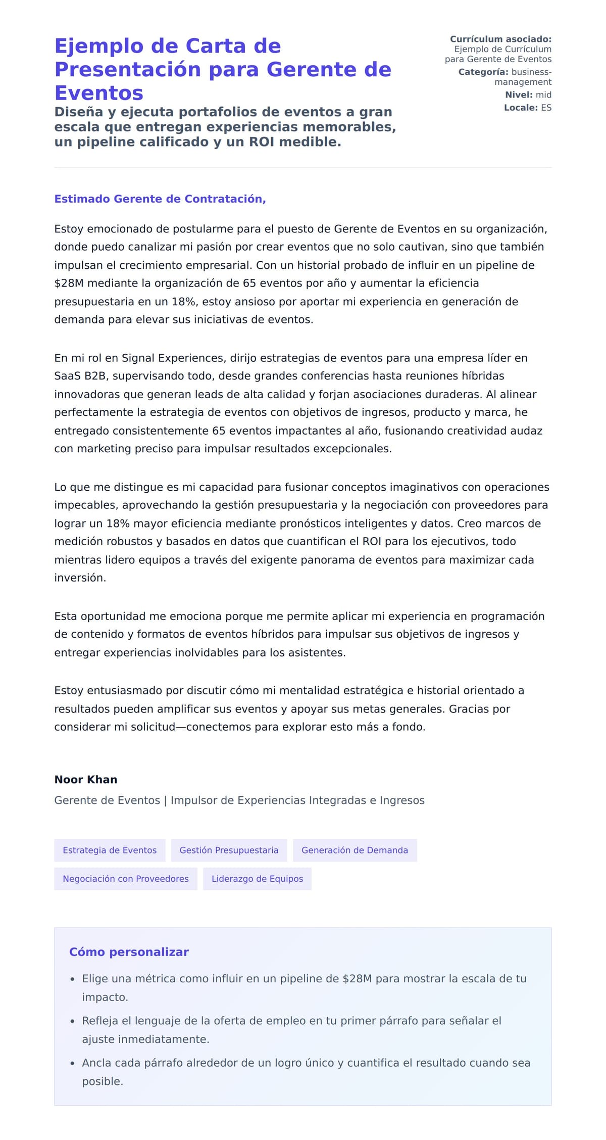Vista previa de la carta para Ejemplo de Carta de Presentación para Gerente de Eventos