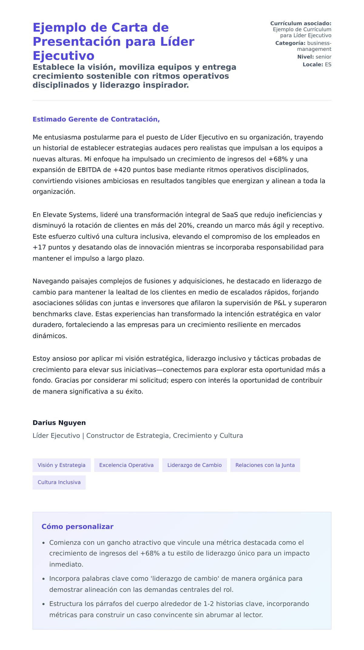 Vista previa de la carta para Ejemplo de Carta de Presentación para Líder Ejecutivo