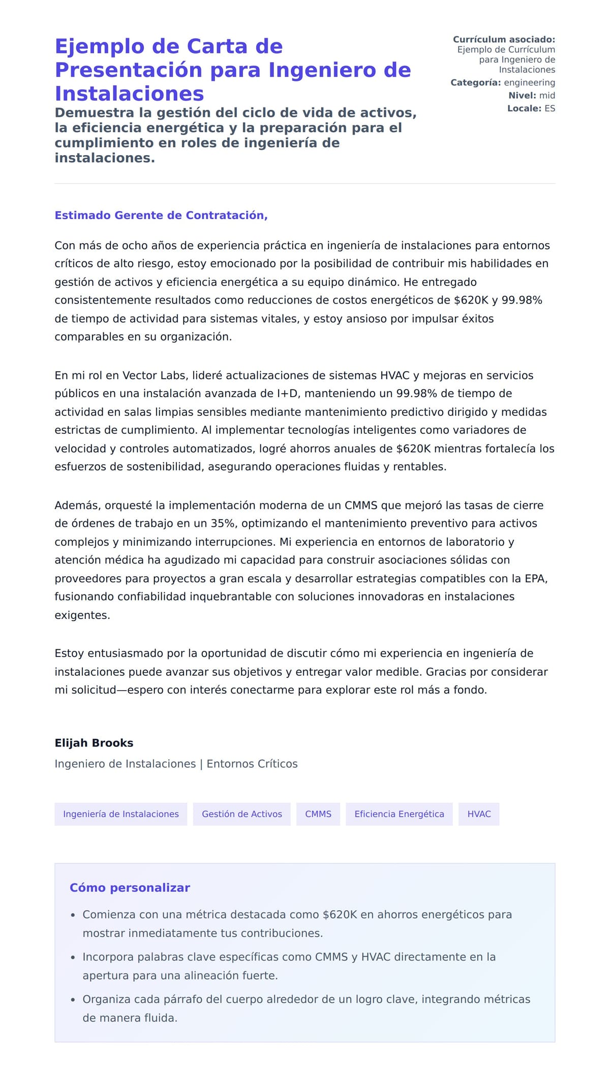 Vista previa de la carta para Ejemplo de Carta de Presentación para Ingeniero de Instalaciones