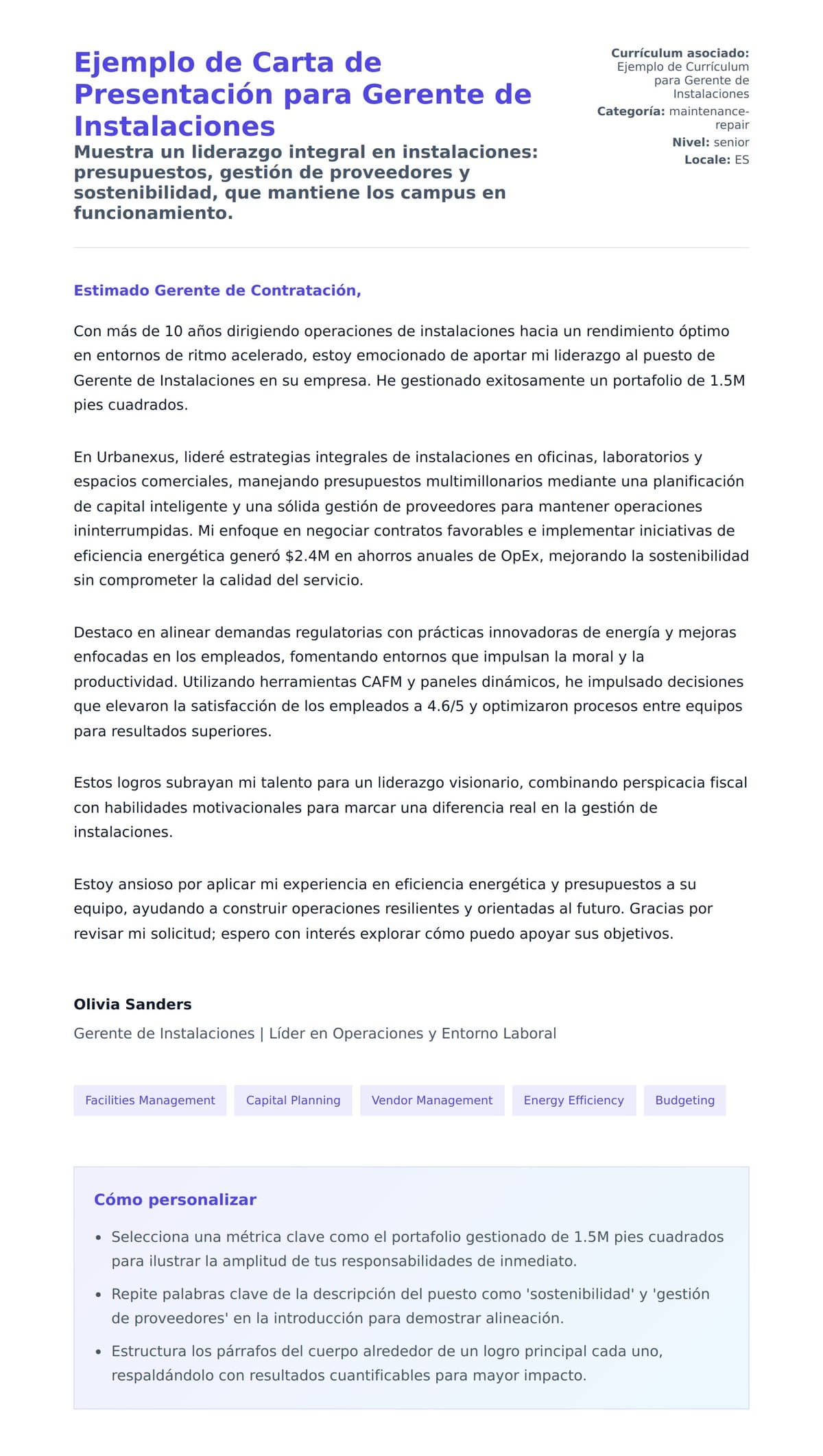 Vista previa de la carta para Ejemplo de Carta de Presentación para Gerente de Instalaciones