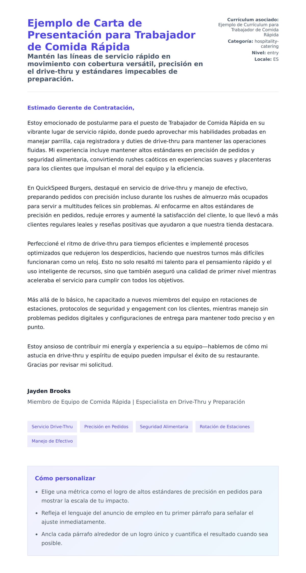Vista previa de la carta para Ejemplo de Carta de Presentación para Trabajador de Comida Rápida