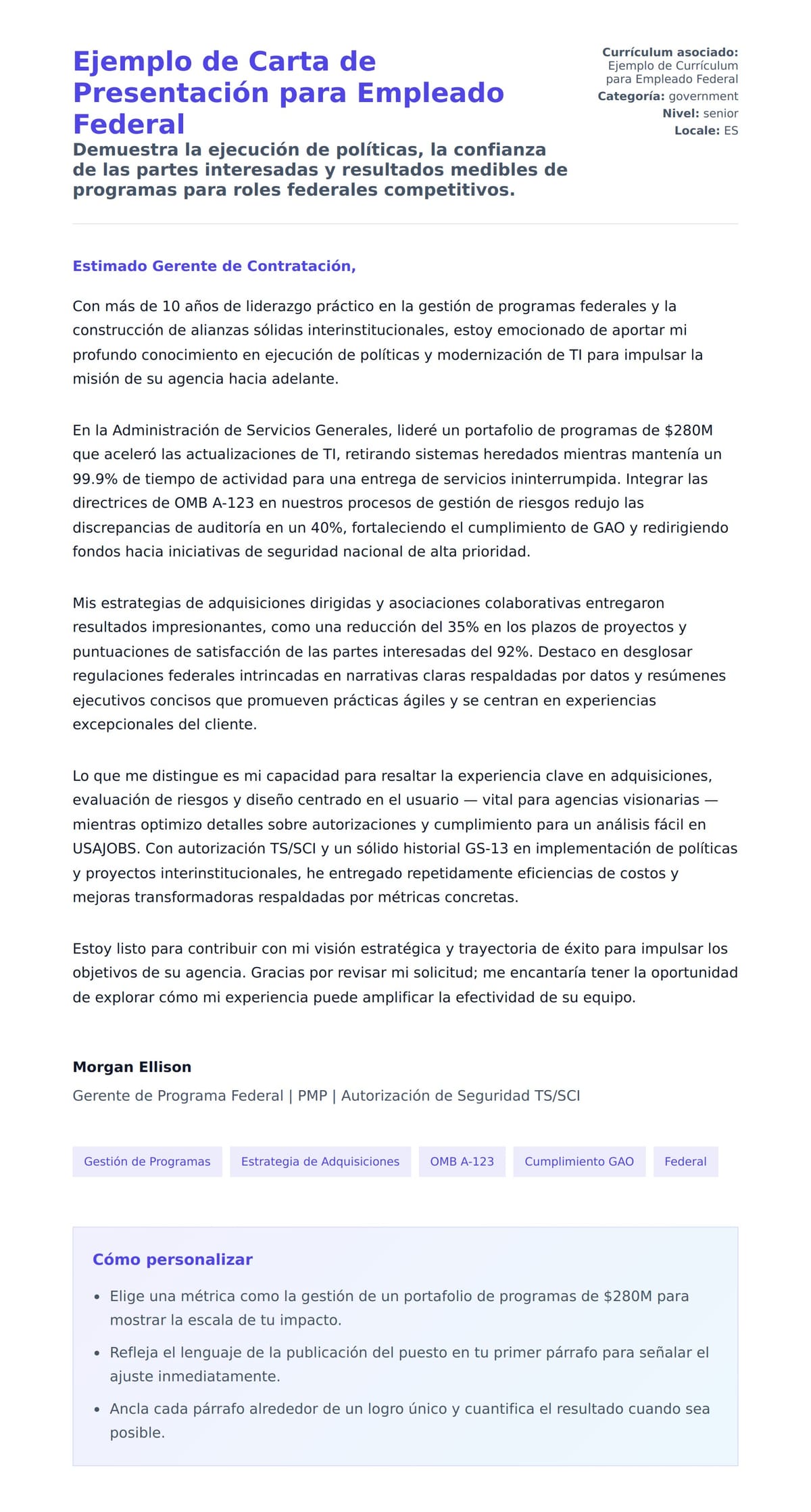 Vista previa de la carta para Ejemplo de Carta de Presentación para Empleado Federal