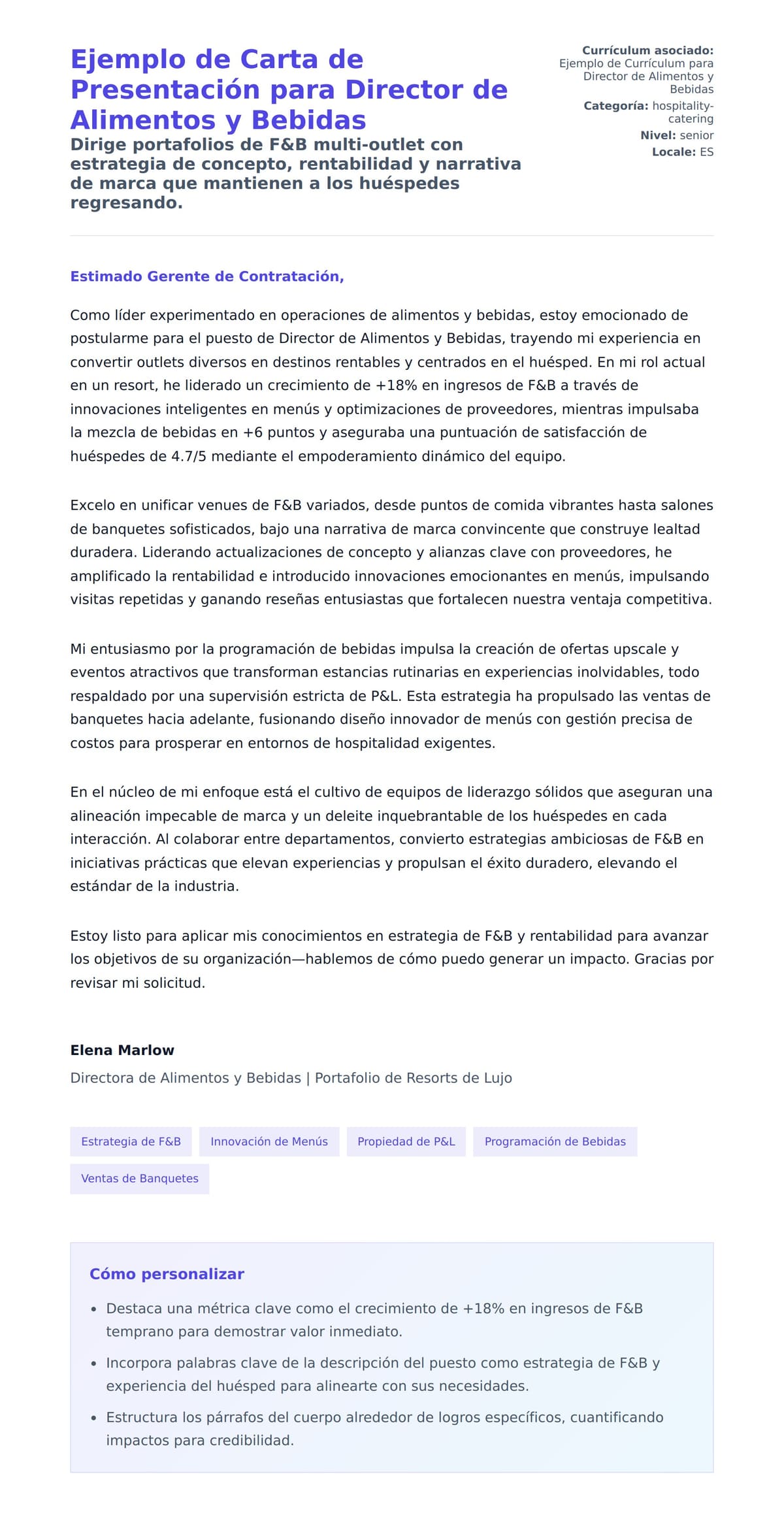 Vista previa de la carta para Ejemplo de Carta de Presentación para Director de Alimentos y Bebidas