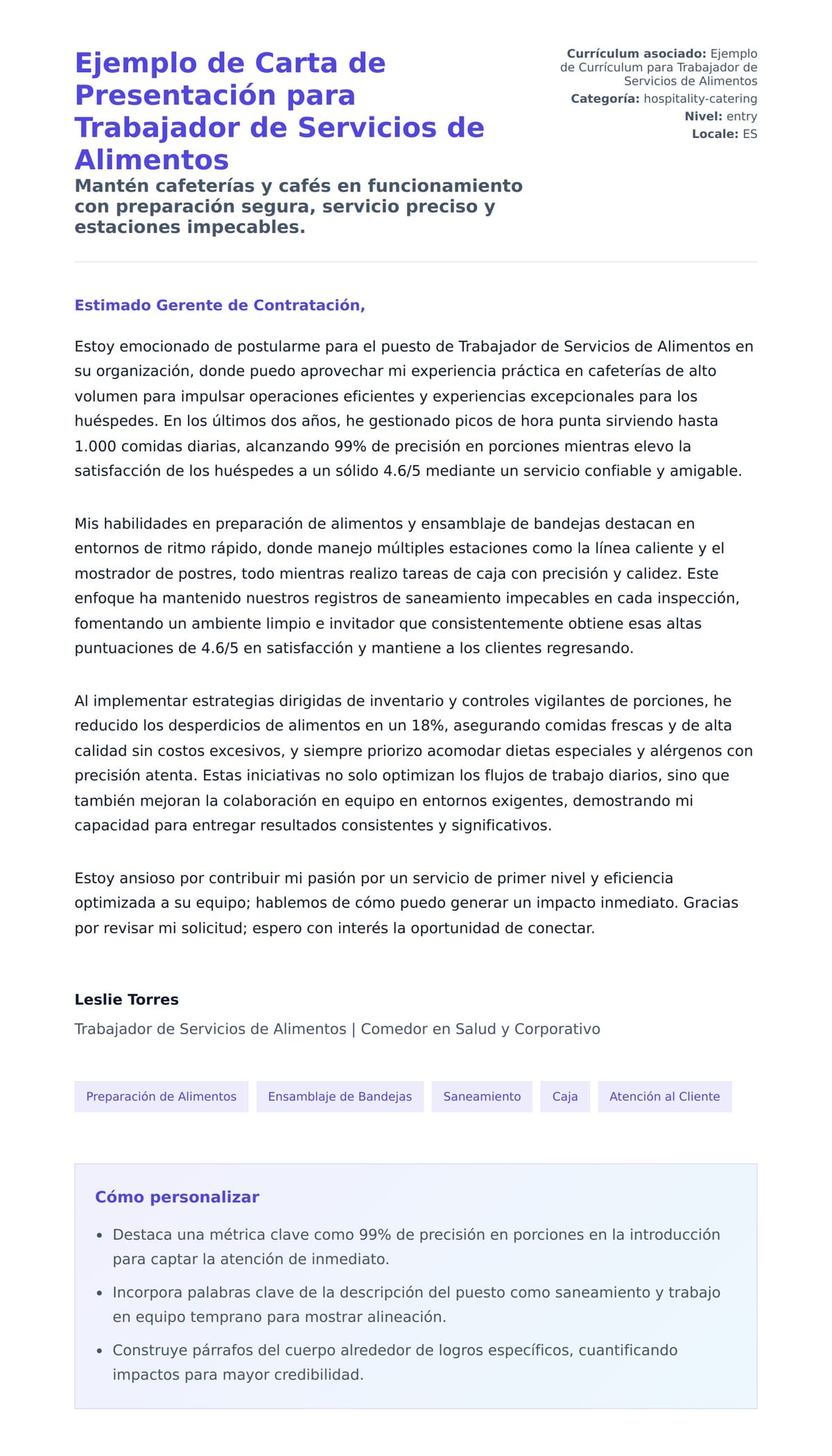Vista previa de la carta para Ejemplo de Carta de Presentación para Trabajador de Servicios de Alimentos
