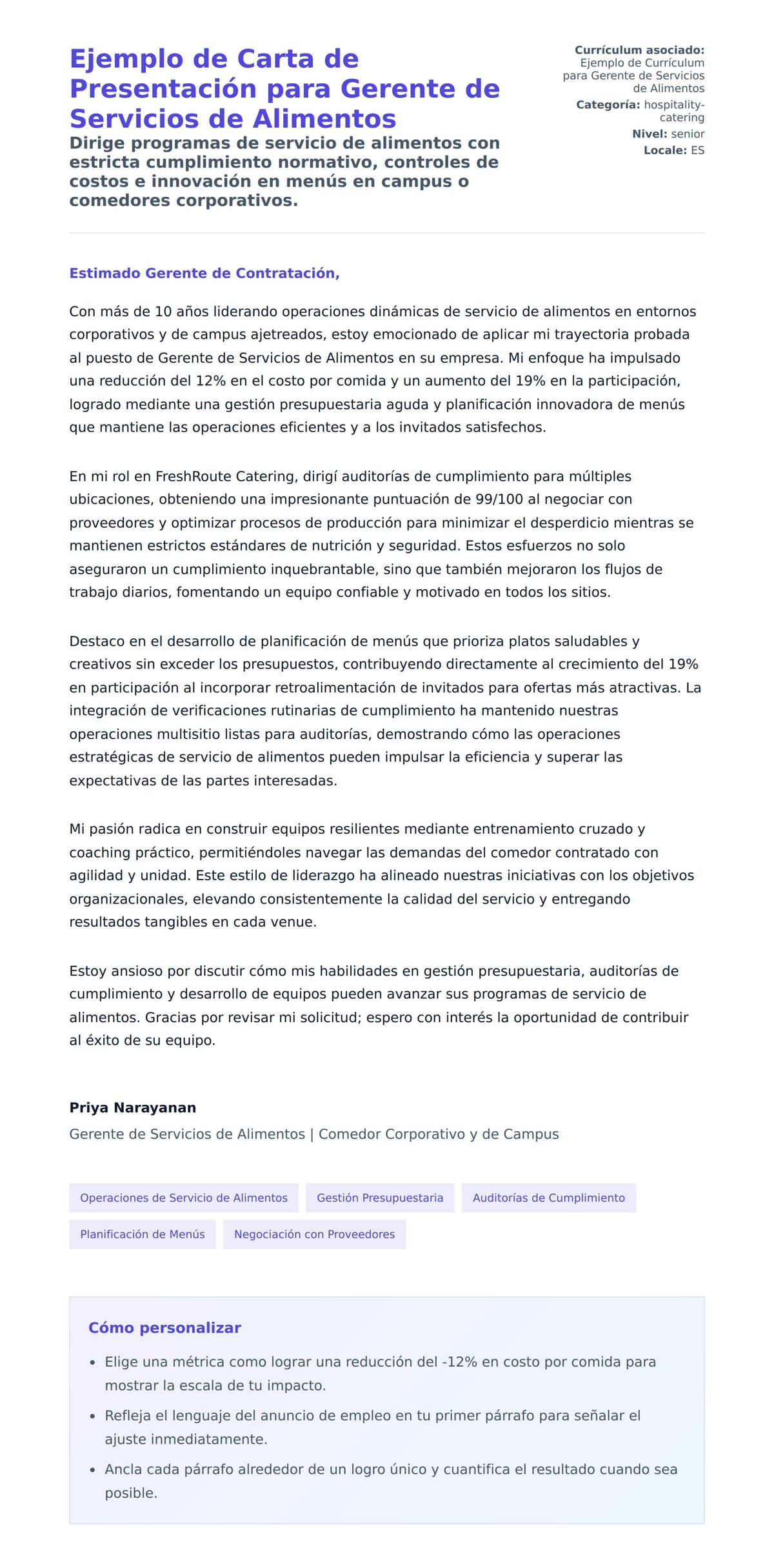 Vista previa de la carta para Ejemplo de Carta de Presentación para Gerente de Servicios de Alimentos