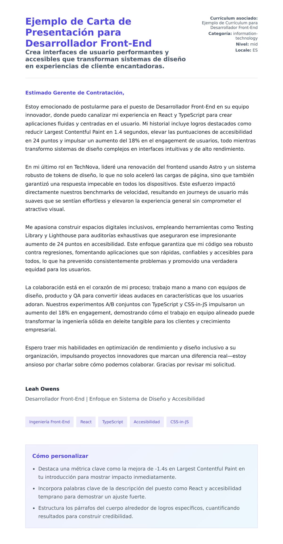 Vista previa de la carta para Ejemplo de Carta de Presentación para Desarrollador Front-End