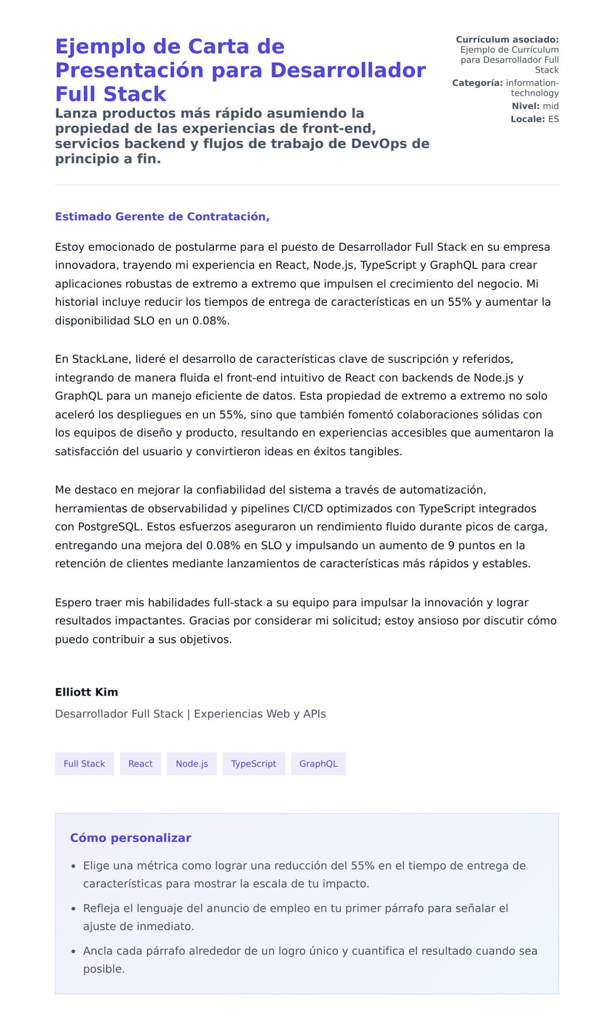 Vista previa de la carta para Ejemplo de Carta de Presentación para Desarrollador Full Stack