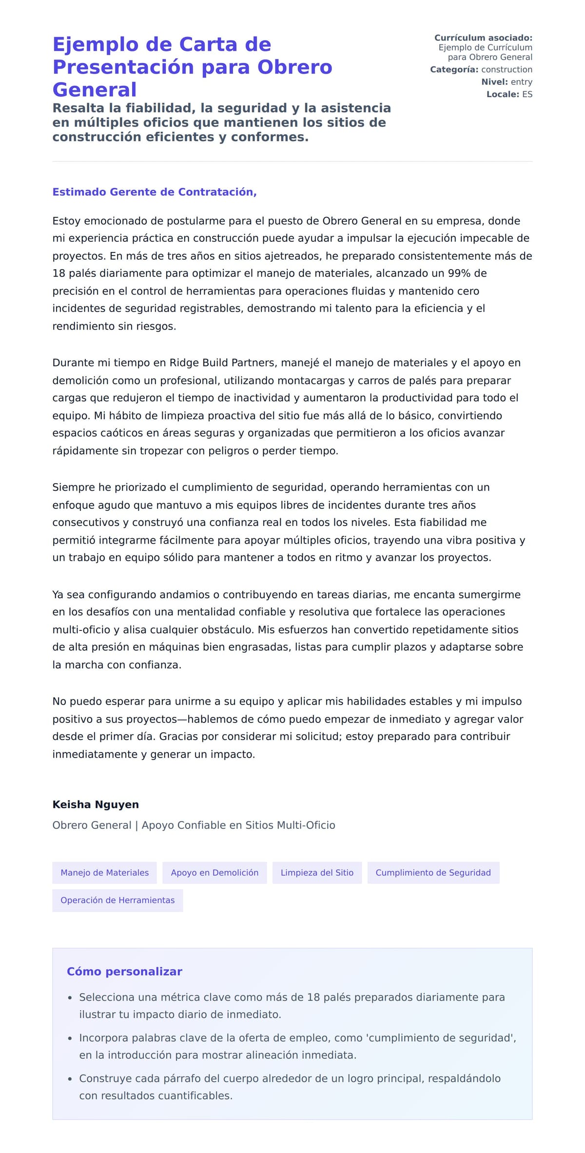 Vista previa de la carta para Ejemplo de Carta de Presentación para Obrero General