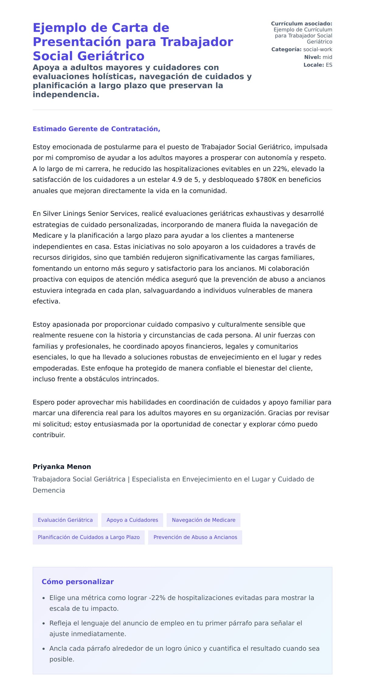 Vista previa de la carta para Ejemplo de Carta de Presentación para Trabajador Social Geriátrico