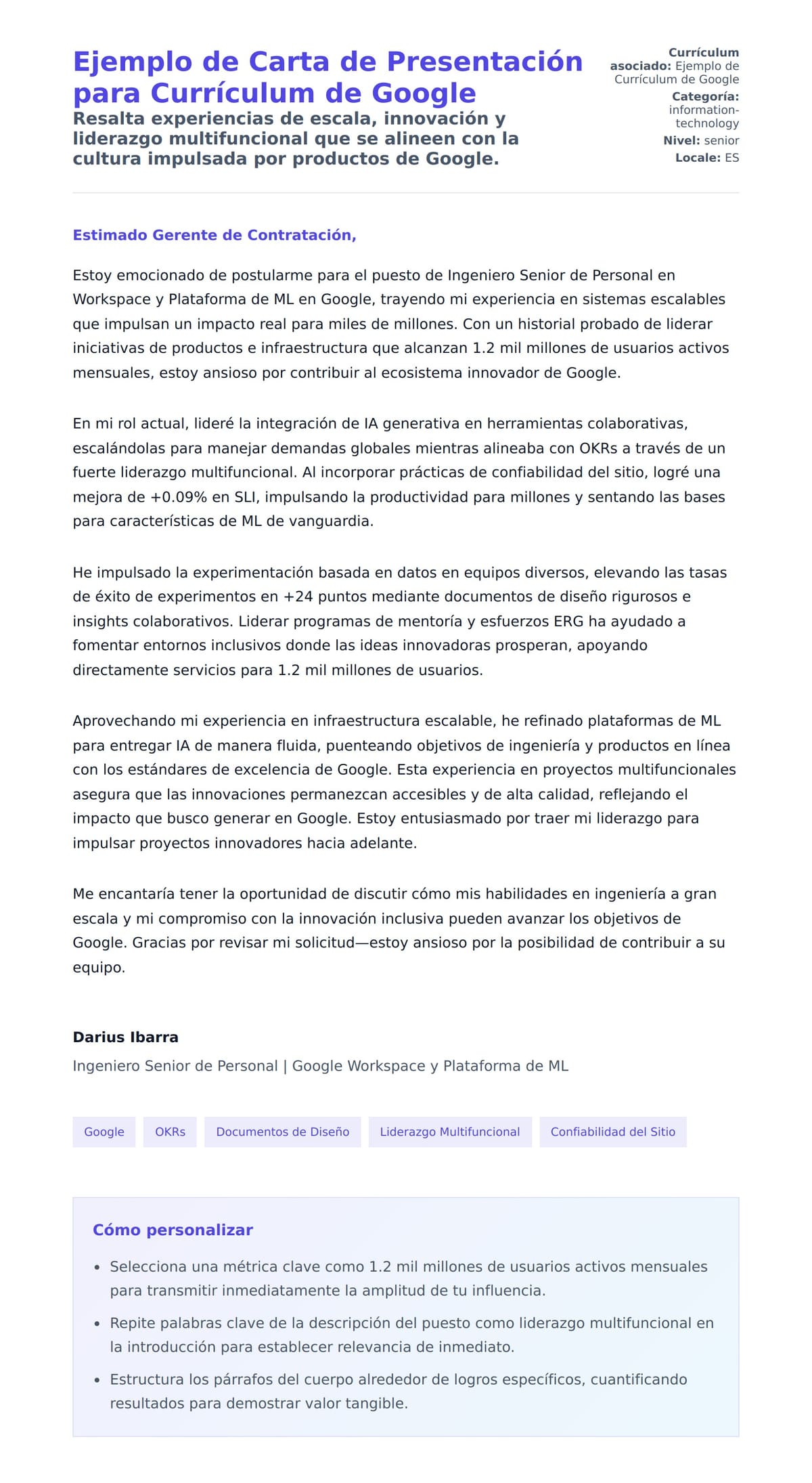 Vista previa de la carta para Ejemplo de Carta de Presentación para Currículum de Google